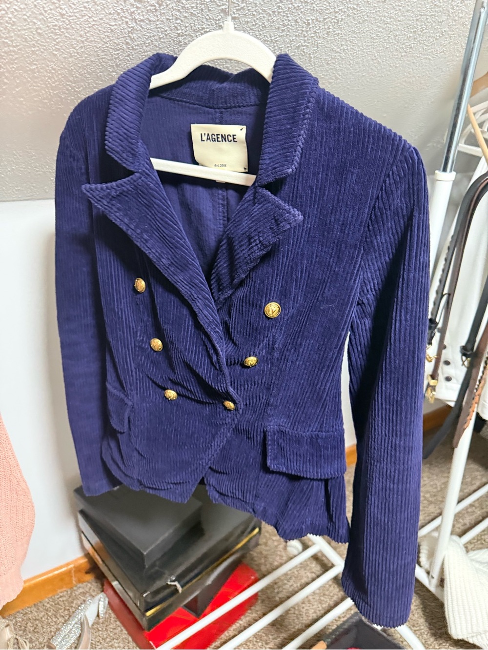 L'AGENCE Deep Navy Corduroy Double-Breasted Blazer with Gold Buttons, size xs